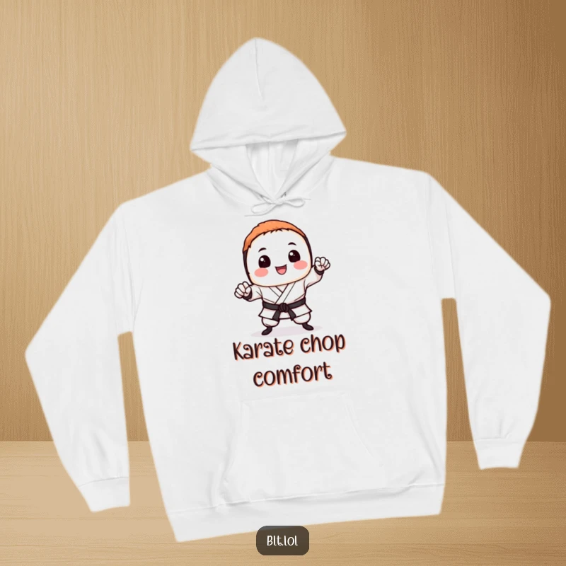Funny sushi hoodie depicting a smiling sushi roll in a dynamic karate chop pose, ready to protect from the cold.