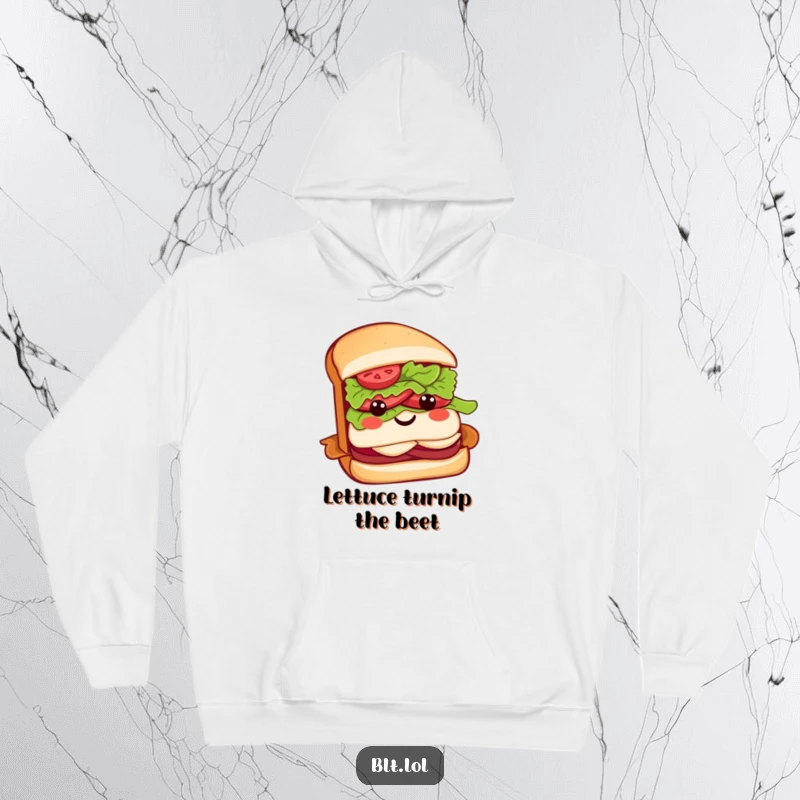 Funny BLT sandwich hoodie featuring a smiling sandwich character with a lettuce bow, offering supreme comfort and laughs.