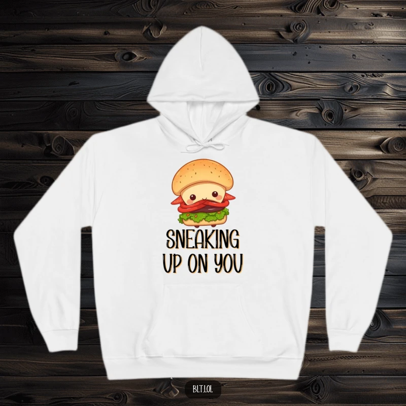 Funny Peek-a-Boo BLT Sandwich Hoodie, a sandwich peeking from behind a big bun, warm and comfortable apparel, great gift.