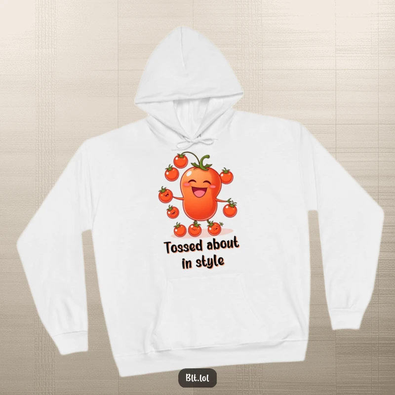 Funny tomato hoodie featuring a laughing tomato juggling tiny tomatoes, offering warmth and garden-themed amusement.