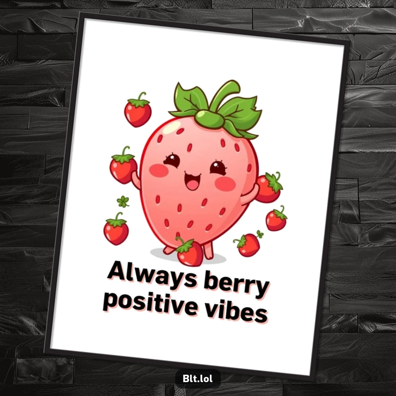 Funny Free Printable Wall Art: Giggling Kawaii strawberry character juggling small berries with delight, a whimsical and downloadable art piece.