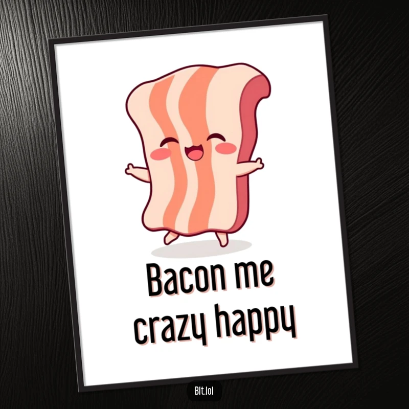 Funny Free Printable giggling bacon character dancing joyfully, perfect for unique and humorous wall art.