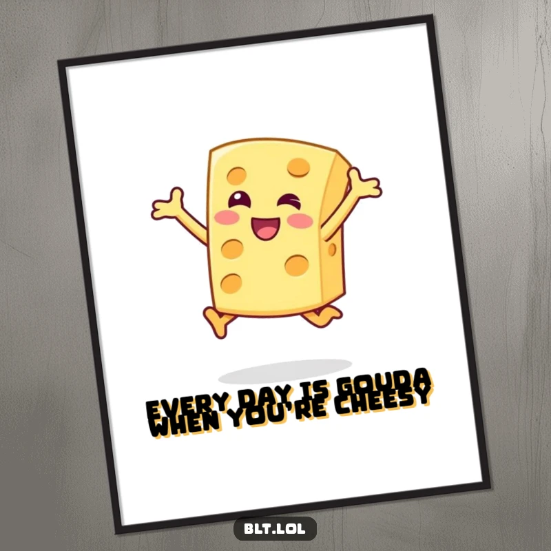 Funny Free Printable Wall Art of a happy cheese slice character captured mid-jump with pure elation.