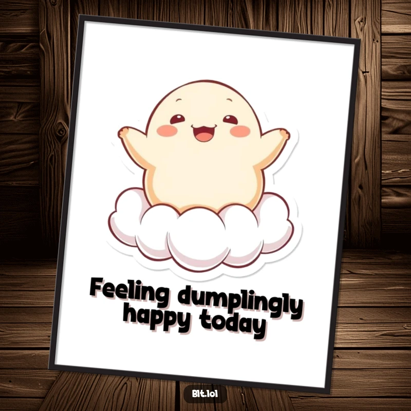 Funny Free Printable Wall Art: Cheerful Kawaii dumpling character bouncing joyfully on a fluffy cloud, a whimsical and downloadable art piece.