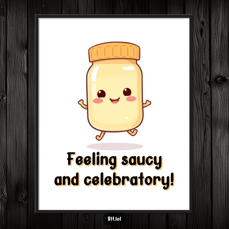 Funny Free Printable Wall Art: A playful anthropomorphic mayonnaise jar doing a little hop. Quirky downloadable decor.