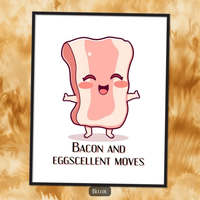 Funny Free Printable dancing bacon character, captured mid-boogie as quirky wall art.