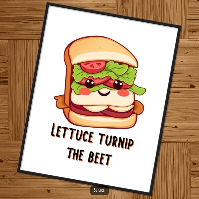 Funny Free Printable BLT sandwich wall art, a smiling character with a lettuce bow, adding charm.