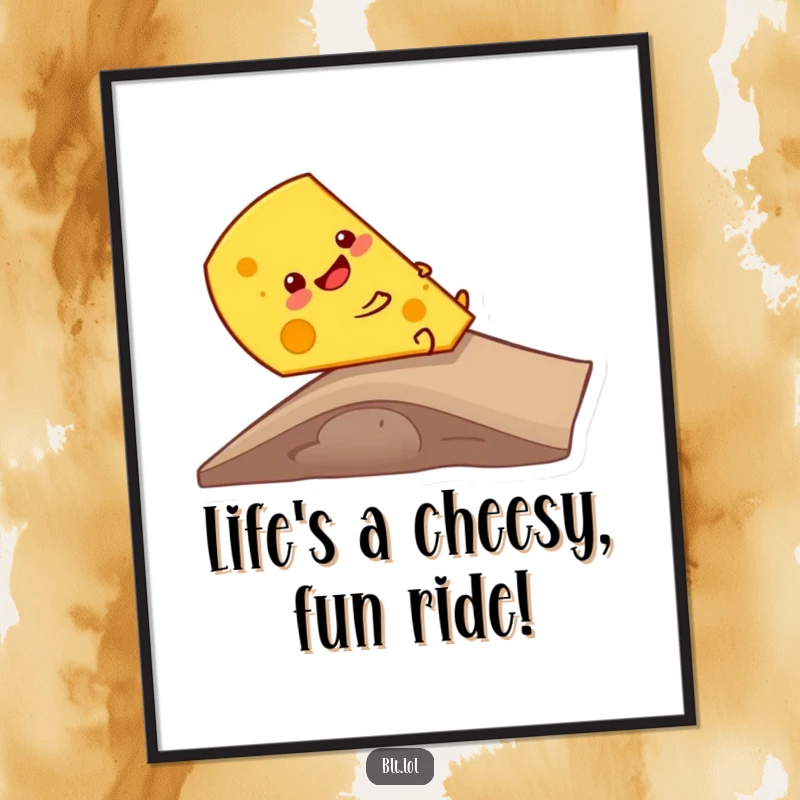 Funny Free Printable cheese slice giggling as it slides down a ramp, humorous wall art.