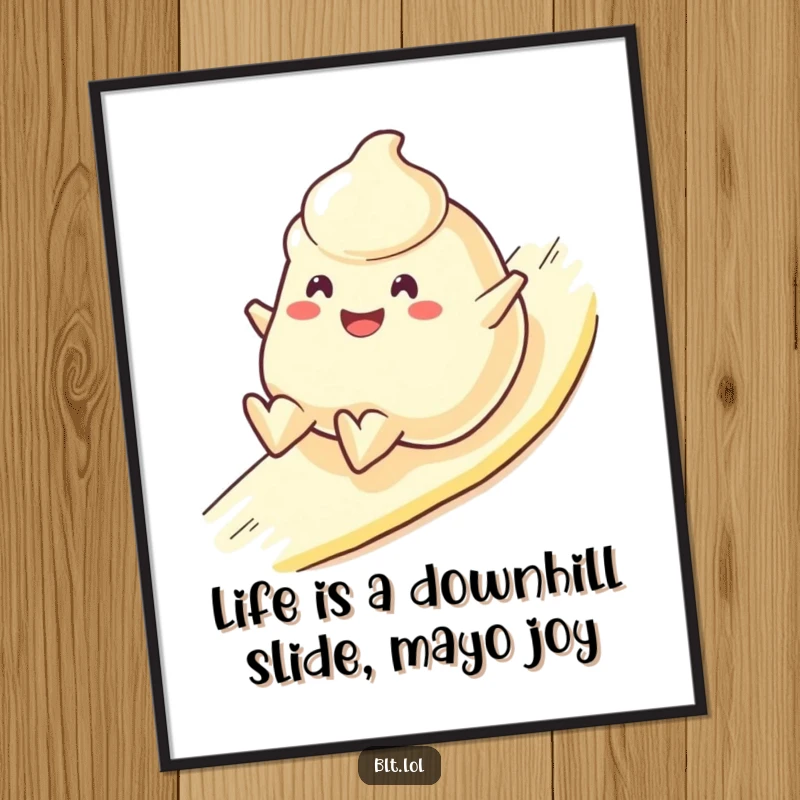 Funny Free Printable Wall Art of a cheerful mayonnaise blob character sliding down a hill with pure joy.