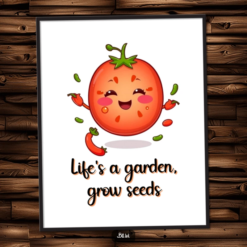 Funny Free Printable Wall Art: Vibrant tomato slice humorously juggling pepper seeds, bringing a cheerful and quirky vibe to home decor.