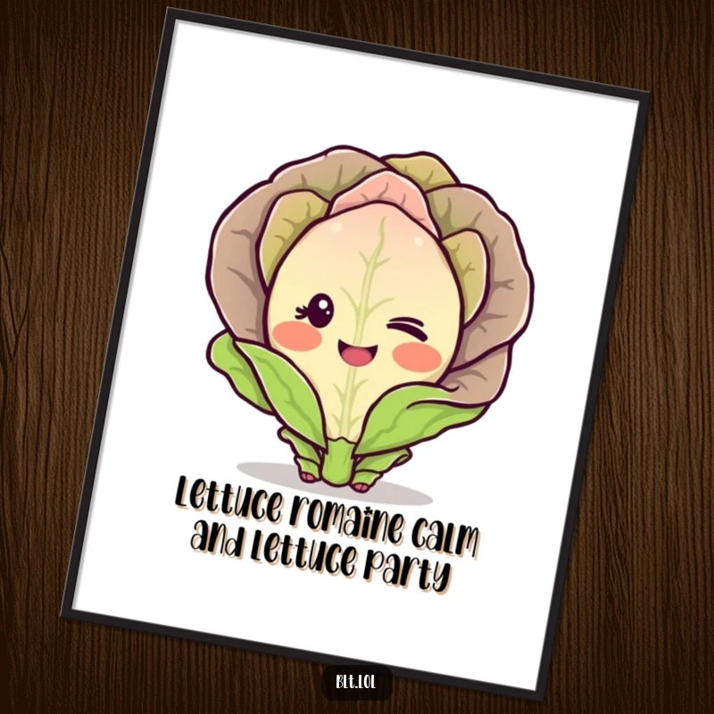 Funny Free Printable Wall Art depicting a shy lettuce leaf character blushing and winking playfully.