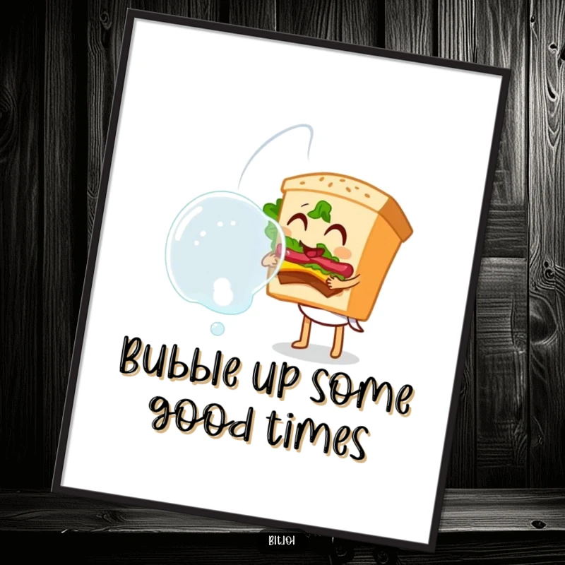 Funny Free Printable BLT sandwich character happily blowing a massive, iridescent bubble, creating a whimsical and cheerful art piece.