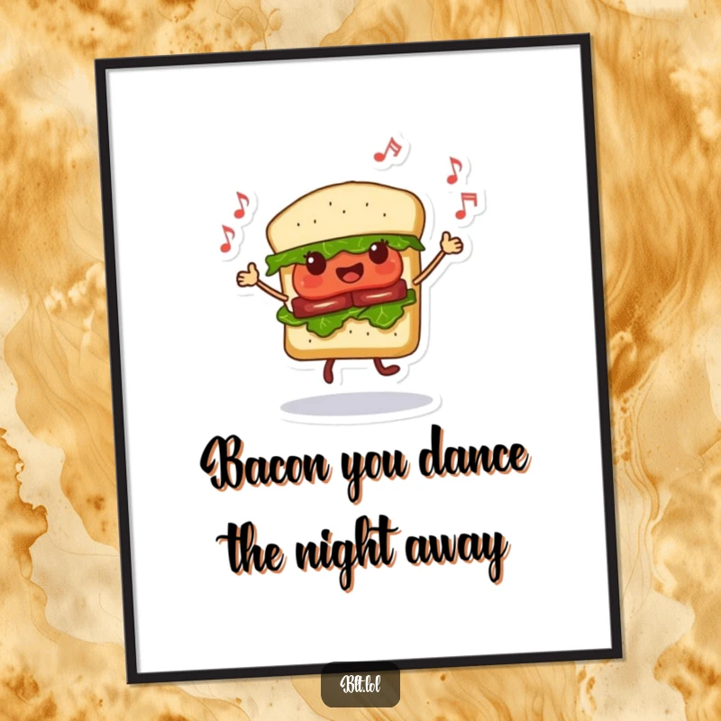 Funny Free Printable BLT sandwich character dancing joyfully with tiny musical notes floating around it, adding a vibrant touch.