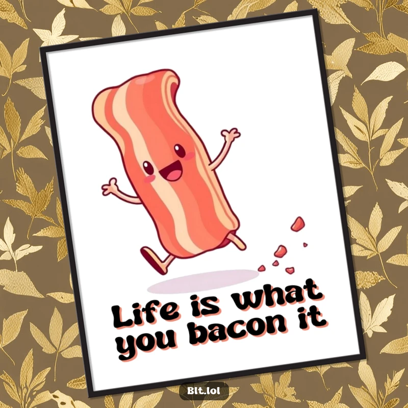 Funny Free Printable Wall Art: A cartwheeling anthropomorphic bacon strip leaving crumbs, ideal for playful home decor.