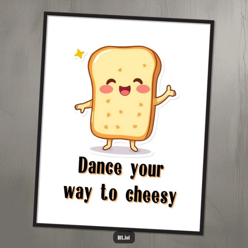 Free Printable Wall Art: A character made of cheesy bread is captured mid-dance, radiating pure happiness and a love for carbs.