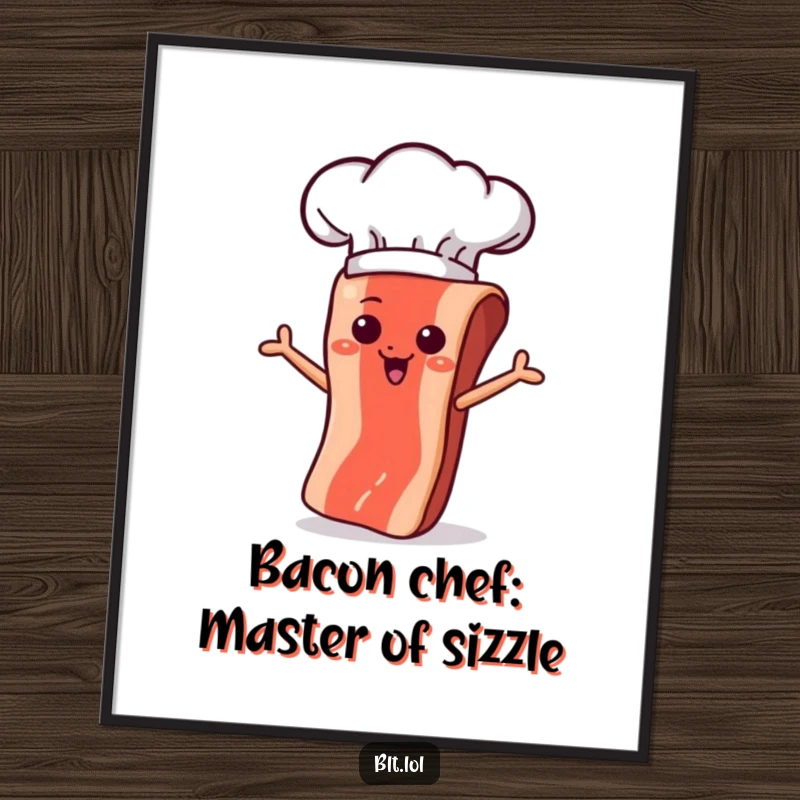 Free Printable Wall Art: A well-dressed bacon strip in a chef hat, executing a masterful flip with a confident, playful expression.