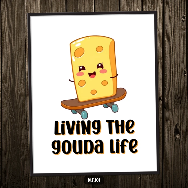 Funny Free Printable Wall Art: A giggling cheese slice masterfully riding a skateboard, bringing pure joy.