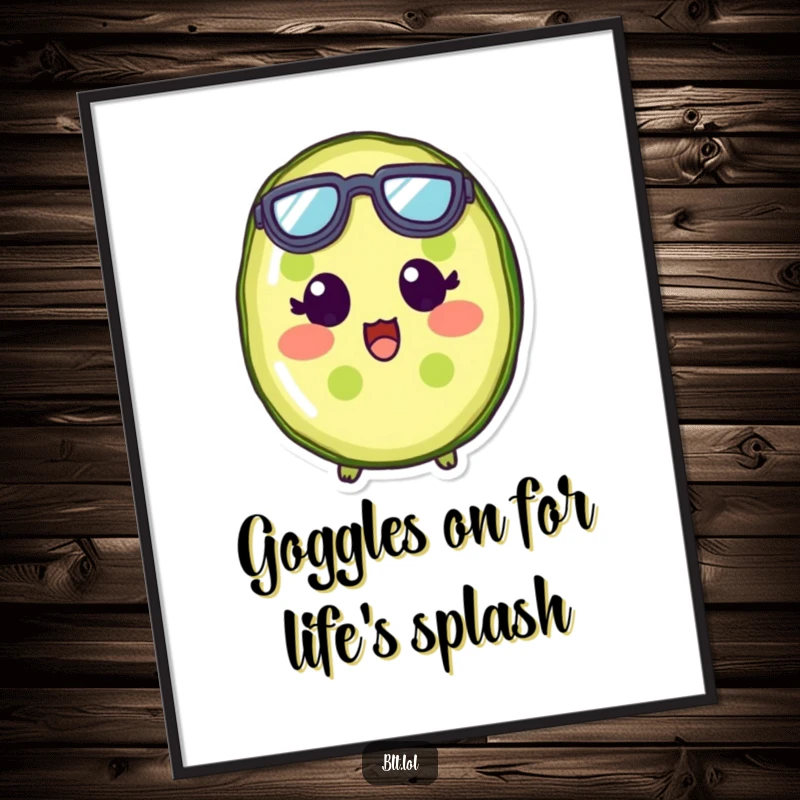 Free Printable Wall Art: A comical pickle slice wearing oversized tiny goggles, looking around with wide-eyed, surprised curiosity.