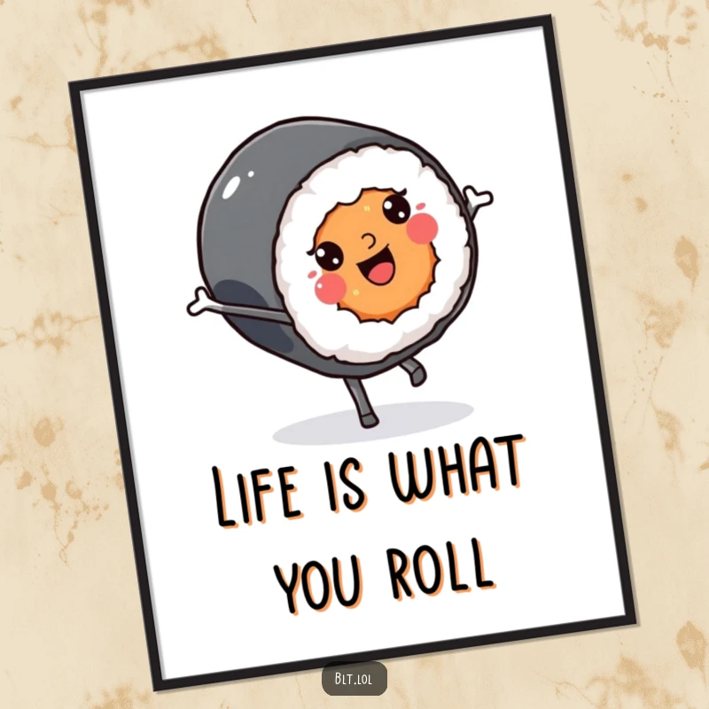 Funny Free Printable Wall Art: A smiling Kawaii sushi roll performing a cartwheel, depicting energy and joy in a downloadable art piece.