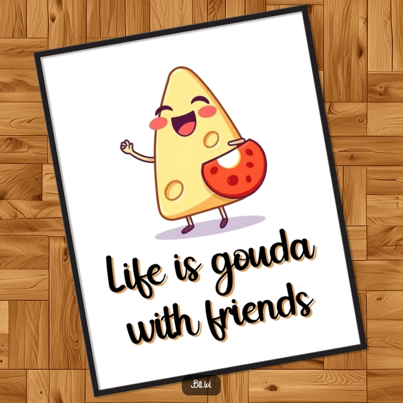 Funny Free Printable Wall Art: A laughing anthropomorphic cheese slice balancing a tomato, ideal for cheerful home decor.