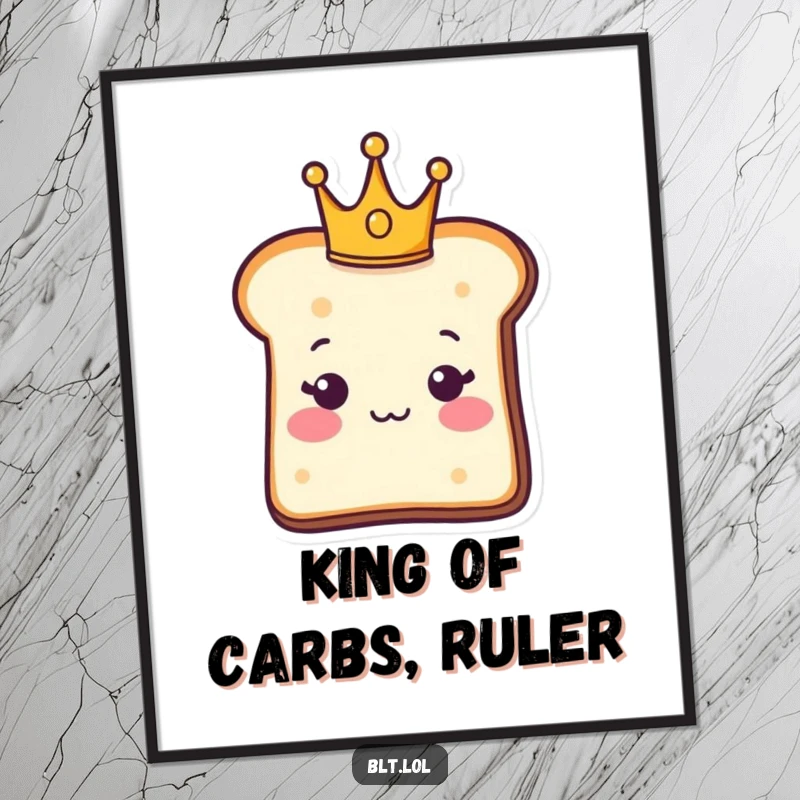 Funny Free Printable Wall Art: A distinguished bread slice character wearing a tiny crown, exuding royal charm.