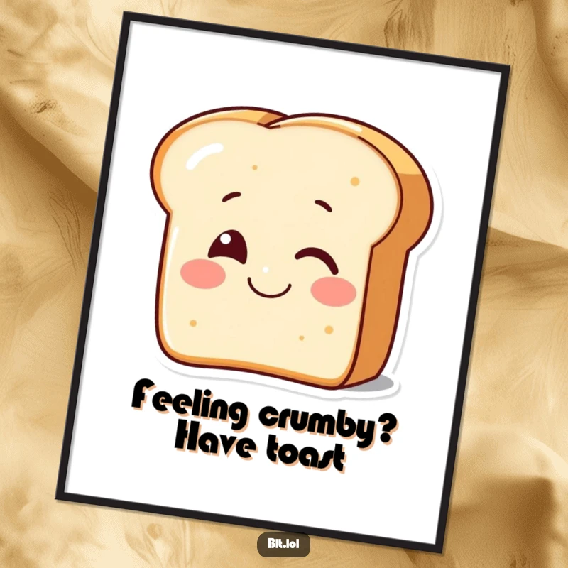 Funny Free Printable Wall Art: A smiling piece of bread giving a cheeky wink, radiating playful energy.