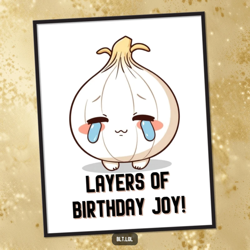 Funny Free Printable Wall Art: Shy, blushing onion shedding cartoon tears. Emotional and humorous downloadable decor.