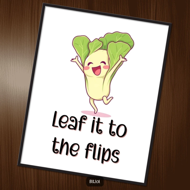 Free Printable Wall Art: A cheerful lettuce leaf captured mid-gymnastics flip, showcasing athletic joy and vibrant green energy.