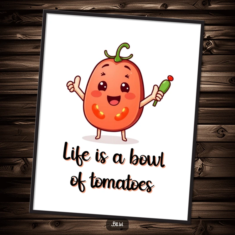 Funny Free Printable Wall Art: a cheerful tomato slice waving a tiny pickle spear, adding playful decor.