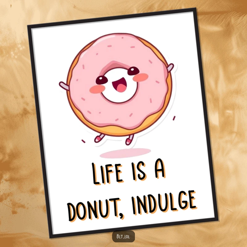 Funny Free Printable Wall Art: Delighted Kawaii donut character happily spinning with joy, a sweet and downloadable art piece.