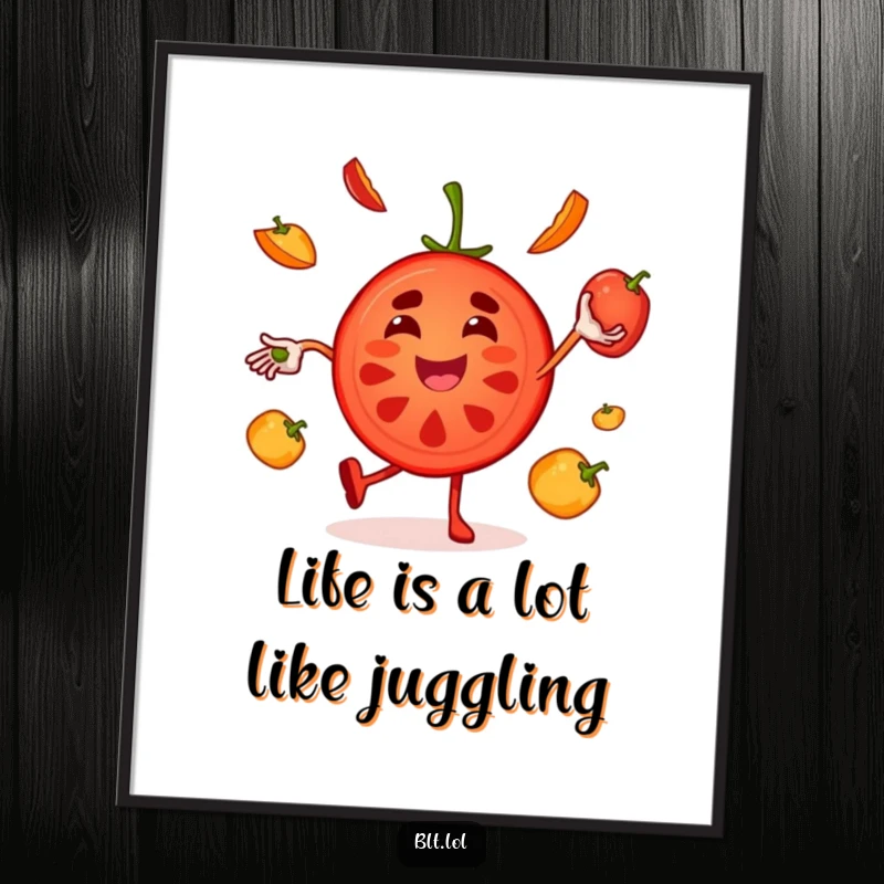 Funny Free Printable tomato slice character, skillfully juggling pepper slices as unique wall art.