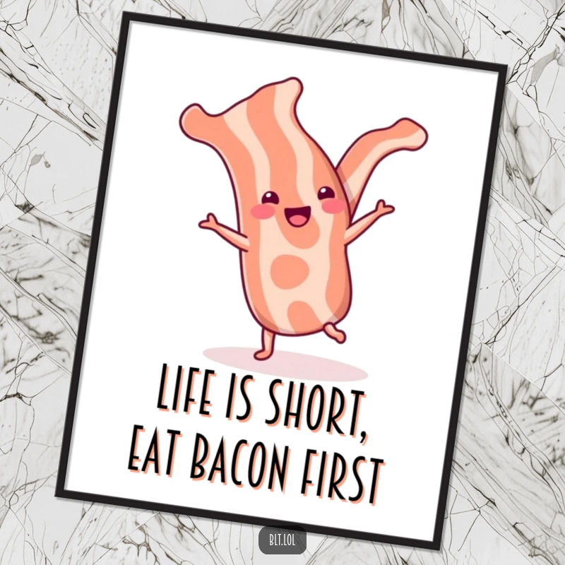 Funny Free Printable Bacon Cartwheel Wall Art, a cheerful bacon strip performing a cartwheel, ideal for adding humor to decor.