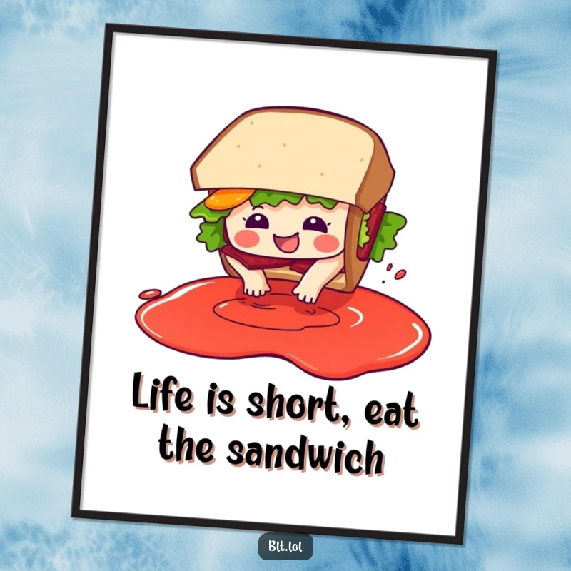 Funny Free Printable Wall Art: A BLT sandwich character gleefully diving into a pool of imaginary sauce with pure glee.