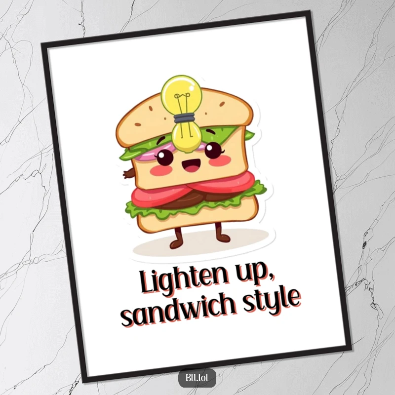 Funny Free Printable BLT sandwich character looking inspired, with a glowing lightbulb symbolizing creativity and bright ideas.