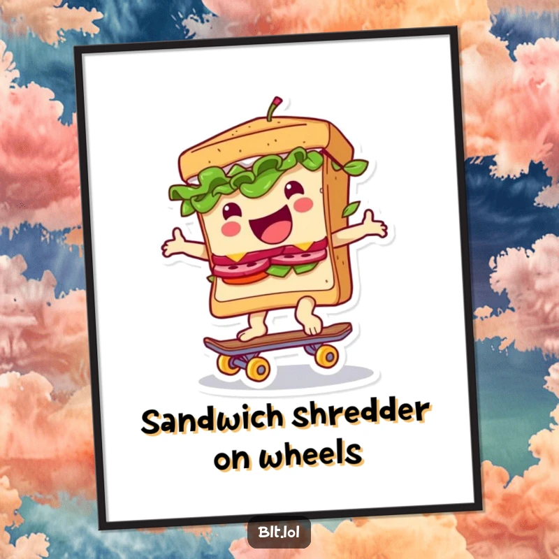 Funny Free Printable BLT Sandwich Wall Art: A BLT character gleefully riding a tiny skateboard, capturing a moment of pure, humorous joy.