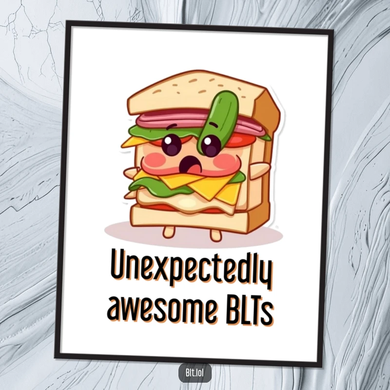 Funny Free Printable BLT Sandwich Wall Art: A BLT character looks comically surprised by a falling pickle, adding a touch of absurd humor.