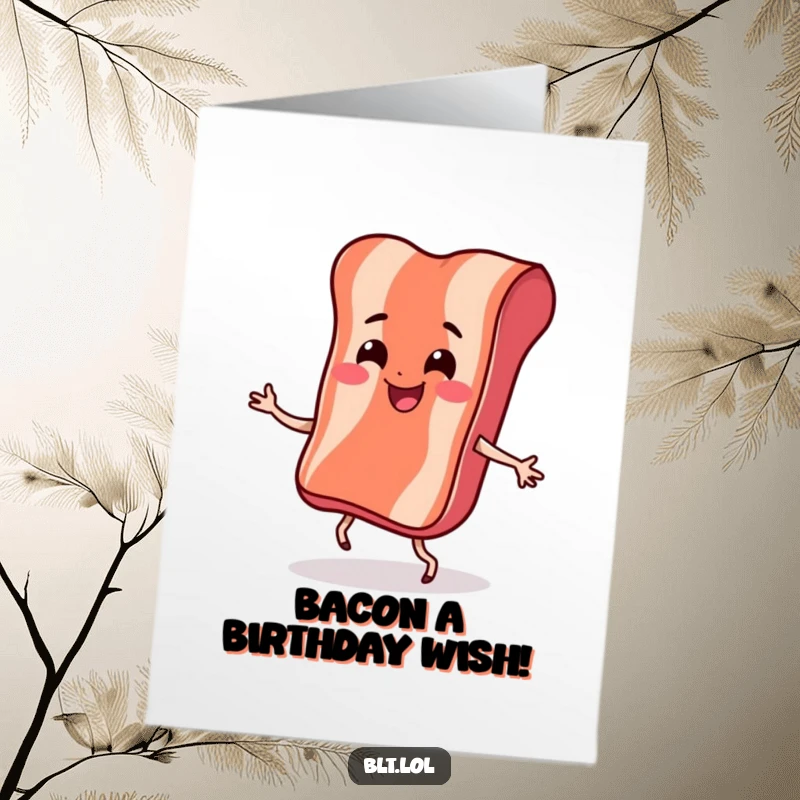 Funny Free Printable Birthday Card: smiling bacon strip doing a bouncy dance, bringing energetic birthday cheer.