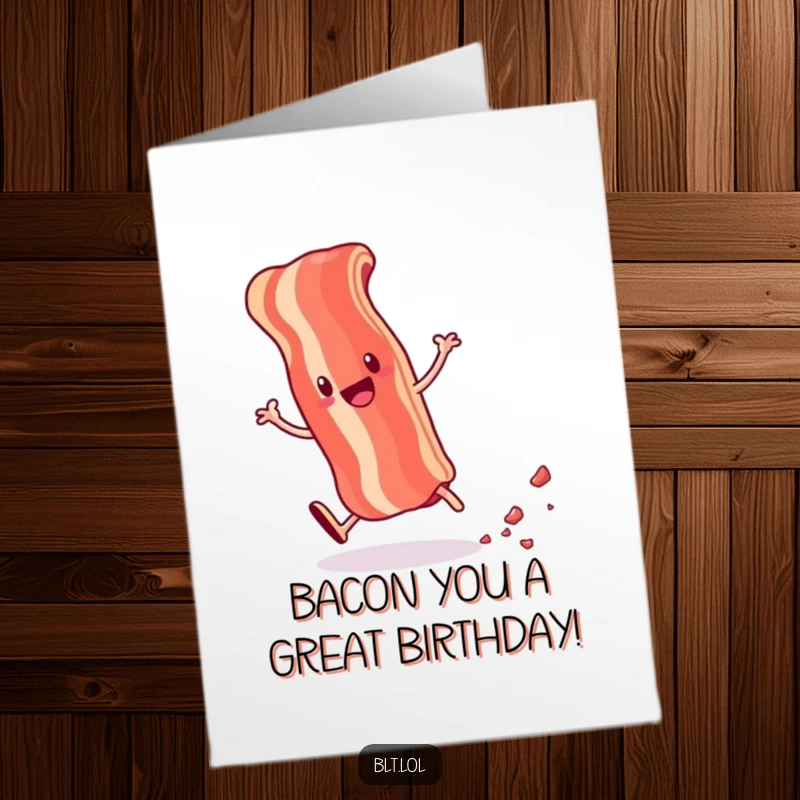 Funny Free Printable Birthday Card: Cartwheeling bacon strip with crumbs, celebrating birthdays with downloadable energy.