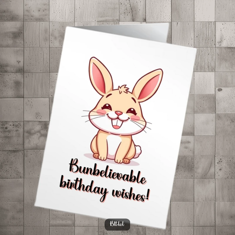 Funny Free Printable birthday card: A cheerful anthropomorphic bun with a massive, joyful grin, ready to celebrate.
