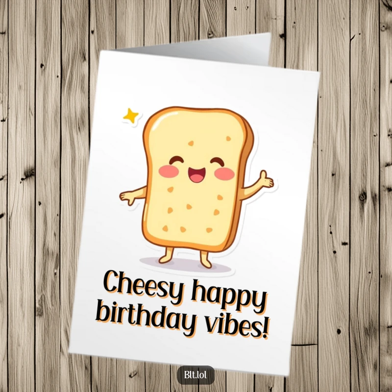 Funny Free Printable Birthday Card: A happy cheesy bread character performing an enthusiastic dance, celebrating a birthday with cheesy joy.