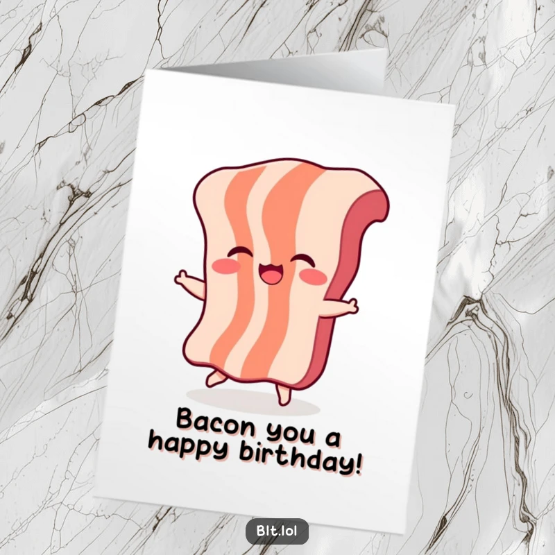 Funny Free Printable giggling bacon character doing a playful dance, ideal for a hilarious birthday greeting card.