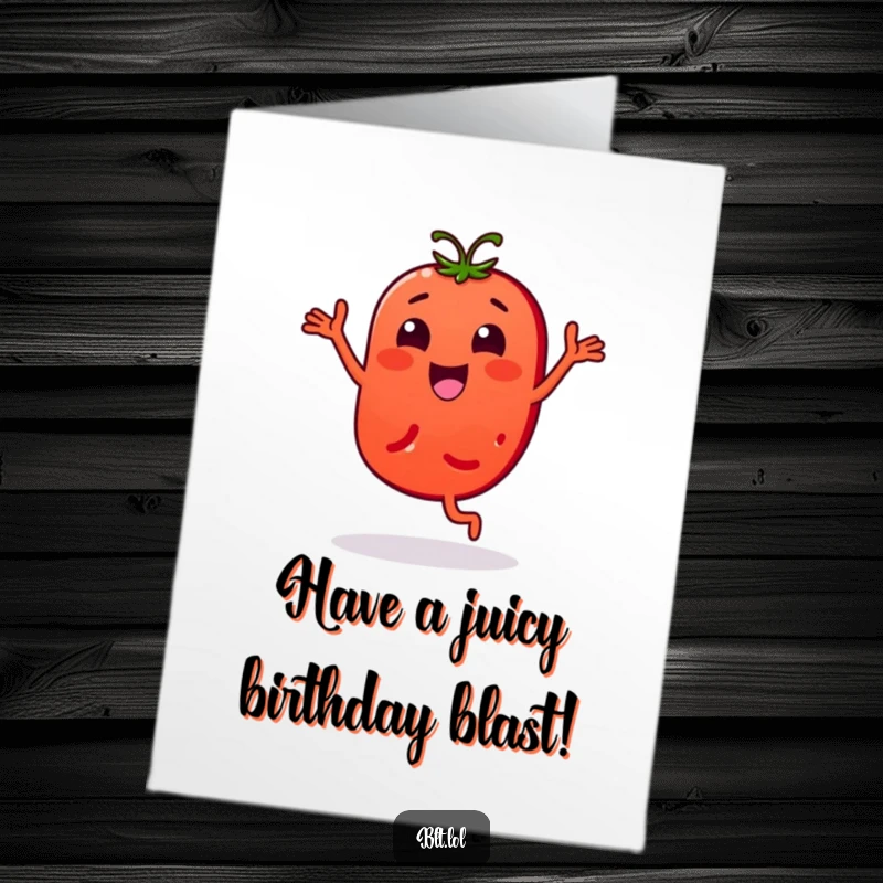 Funny Free Printable Birthday Card featuring a vibrant tomato slice character in a joyful, bouncy dance pose.