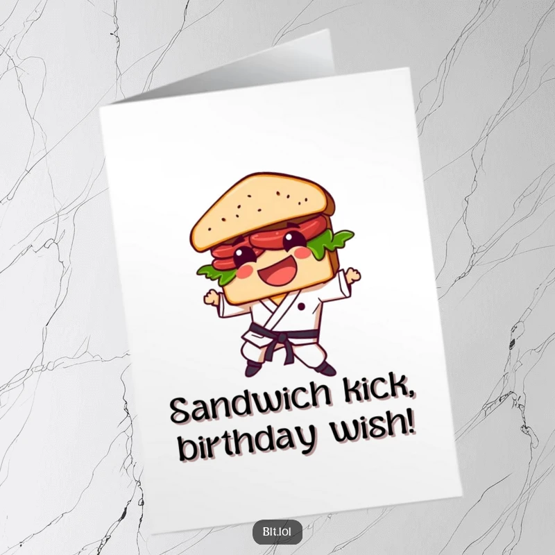 Funny Free Printable Birthday Card featuring a BLT sandwich character executing a powerful karate kick with a determined expression.