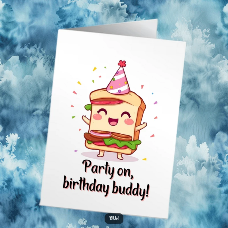 Funny Free Printable Birthday Card: A giddy BLT sandwich character wearing a festive party hat, surrounded by falling confetti, radiating pure joy.