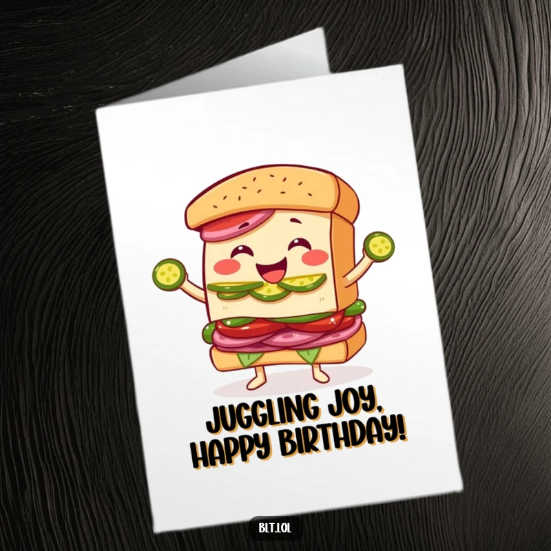 Funny Free Printable Birthday Card: A joyous BLT sandwich character grinning widely while juggling several green pickle slices with skill.