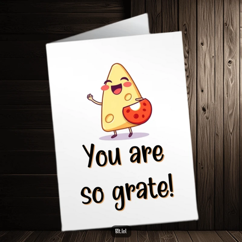 Funny Free Printable Birthday Card: Laughing cheese slice with tomato, ready to spread birthday cheer, ideal for home printing.