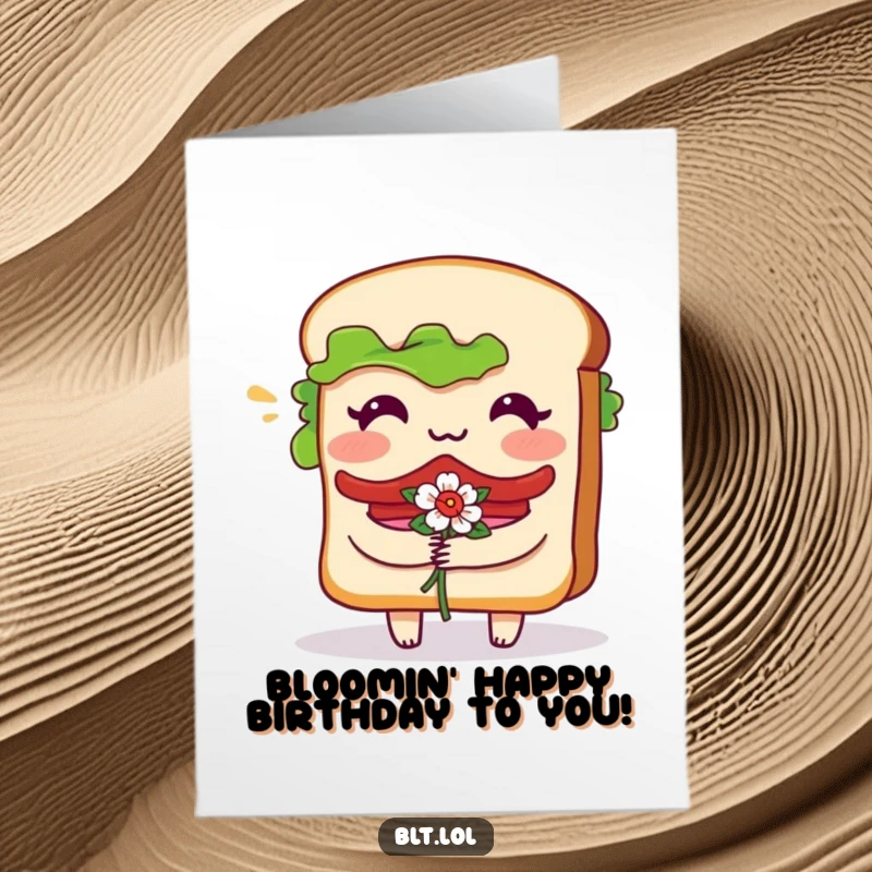 Funny Free Printable BLT Sandwich Card: Bashful character blushing with flowers, wishing Happy Birthday, sweet DIY gift.