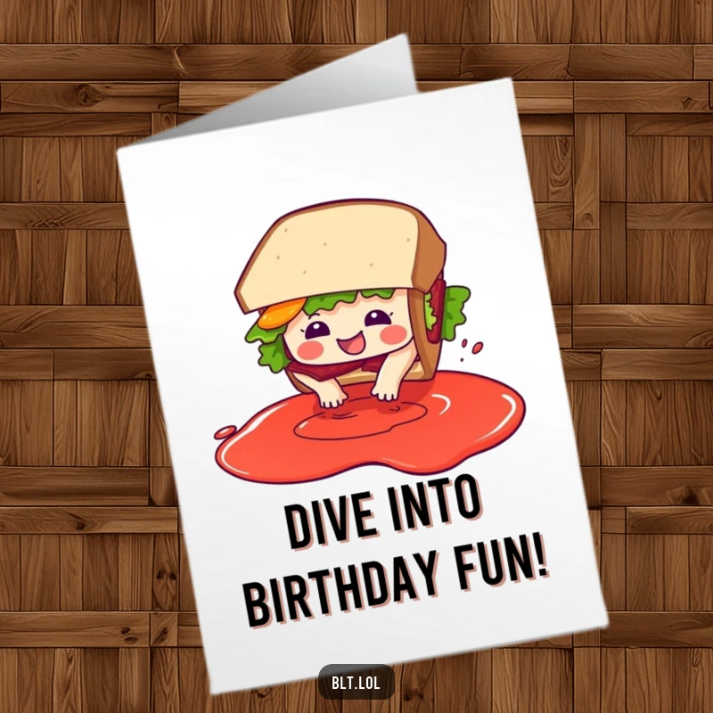 Funny Free Printable Birthday Card: Glee-filled BLT sandwich character joyfully diving into a pool of imaginary sauce.