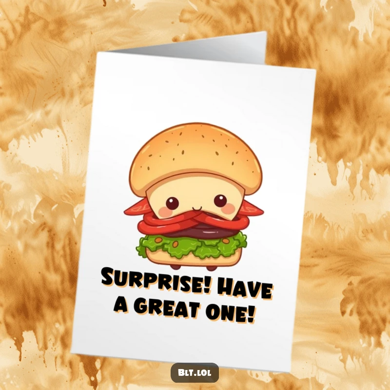 Funny Free Printable BLT sandwich playfully peeking from behind a giant bun, ready to wish a happy birthday with a mischievous grin.
