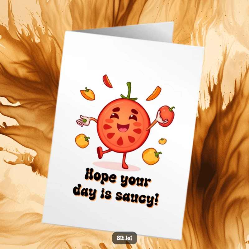 Funny Free Printable joyful tomato slice character, expertly juggling pepper slices on a birthday card.